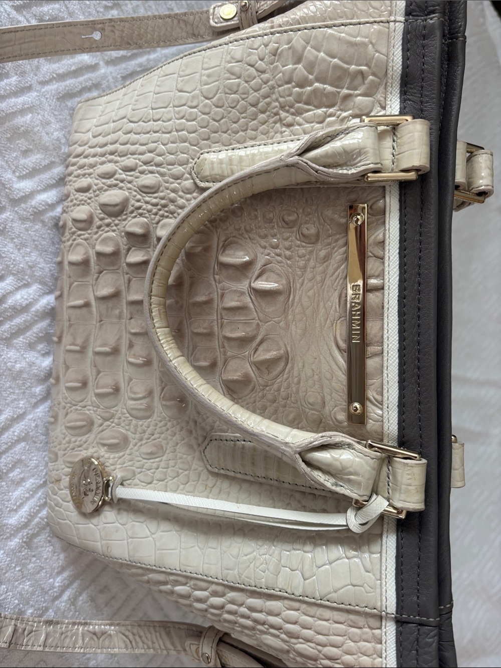 Brahmin Cream Croc-Embossed Satchel with Gray Trim - Picture 2 of 9